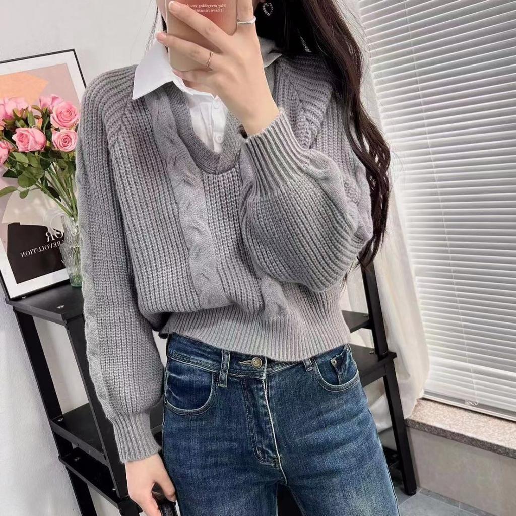 Korean Fake Two Piece Cable Knit Sweater Women Autumn Design Pullover Loose Slim Outerwear Top