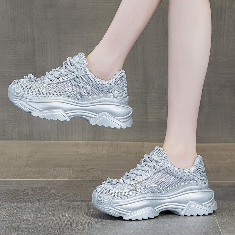 Platform dad shoes summer new breathable mesh rhinestone bow fashion versatile full diamond casual sports shoes women