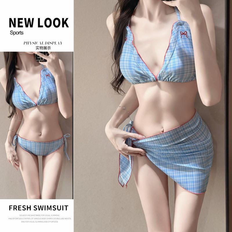 Thai Retro Niche Cute Sweet Girl Plaid Blue Bikini Three-piece Swimsuit Woman