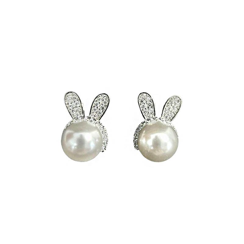Women's Pearl Rabbit Earrings with Diamonds and Ladies