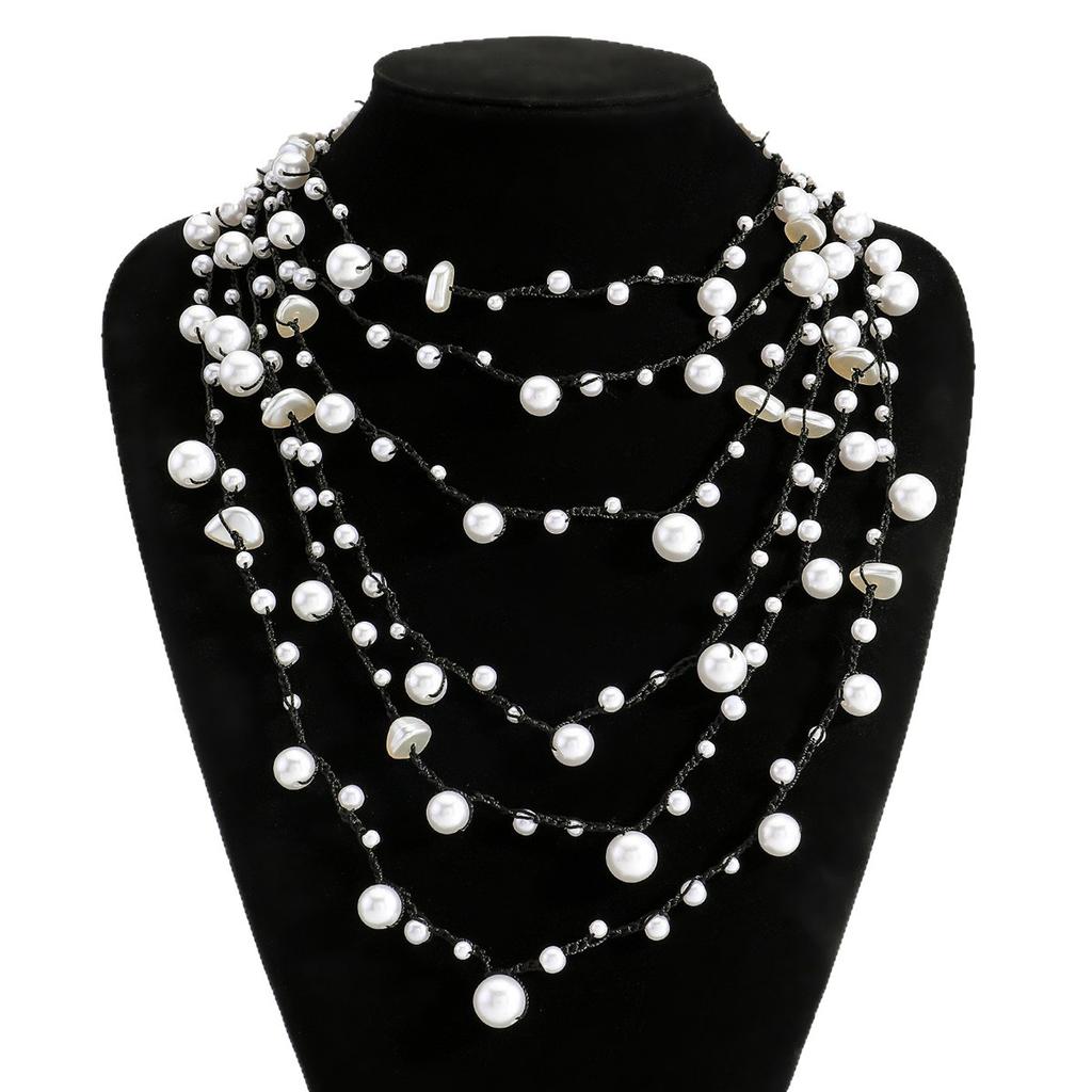 Design sense, hand-woven imitation pearl necklace, retro stacking, high-end sense, multi-layer stacking, collarbone chain