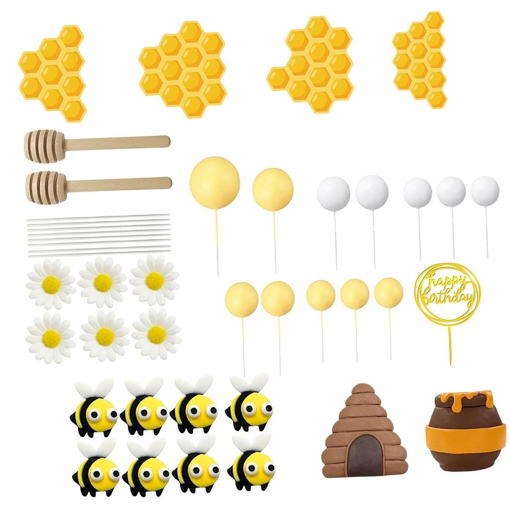 Birthday Cake Topper Bee Theme Multicolor Clay Honeycomb Daisy Ball Insert Decorations for Children's Party
