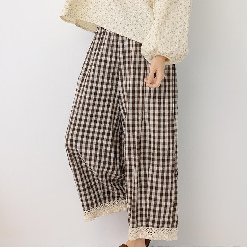 

Retro Korean Plaid Cotton-Linen Wide-Leg Pants - Loose, Slimming, Nine-Point Hem for Spring/Summer One Size