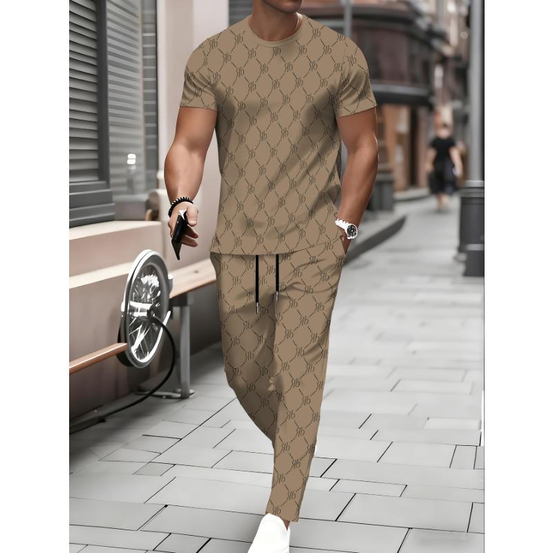 Men's Short Sleeve Long Pants Set, Round Neck T-Shirt and Comfortable Long Pants Matching, Suitable Outdoor Wear