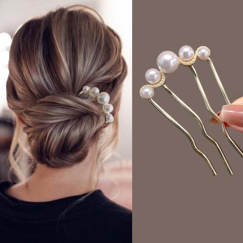 Retro Pearl Four-Tooth Hairpin: Women's Fashion Commuter Updo Accessory