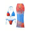 Women's 3 Piece Bikini Set with Skirt Vintage Print Swimwear, Retro Floral Cover Up Bathing Suit for Summer Beach