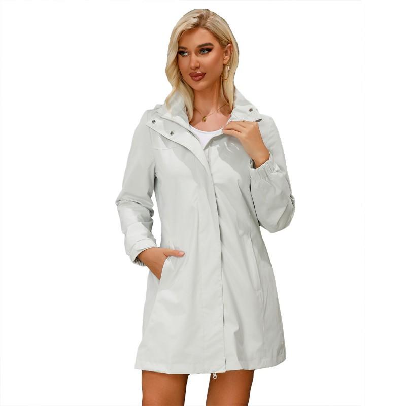 Womens Lightweight Waterproof Windbreaker Jacket Detachable Hood Solid Color Long Sleeve Casual Outerwear
