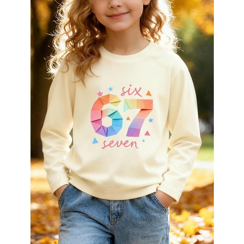 Kids Unisex Cream Crewneck Sweatshirt, Rainbow Origami Geometric 67 Six Seven Print Long Sleeve Pullover, Fleece Sweatshirts for Boys Girls Ages 4+