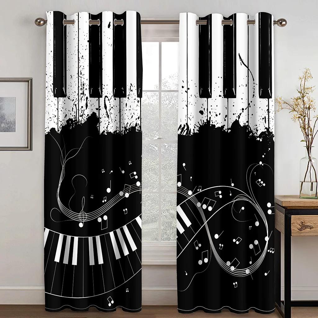 3D Piano Black and White Notes Romantic Innovative Curtains Living Room Kitchen Bedroom Balcony Window Decor Curtains 2 Panels