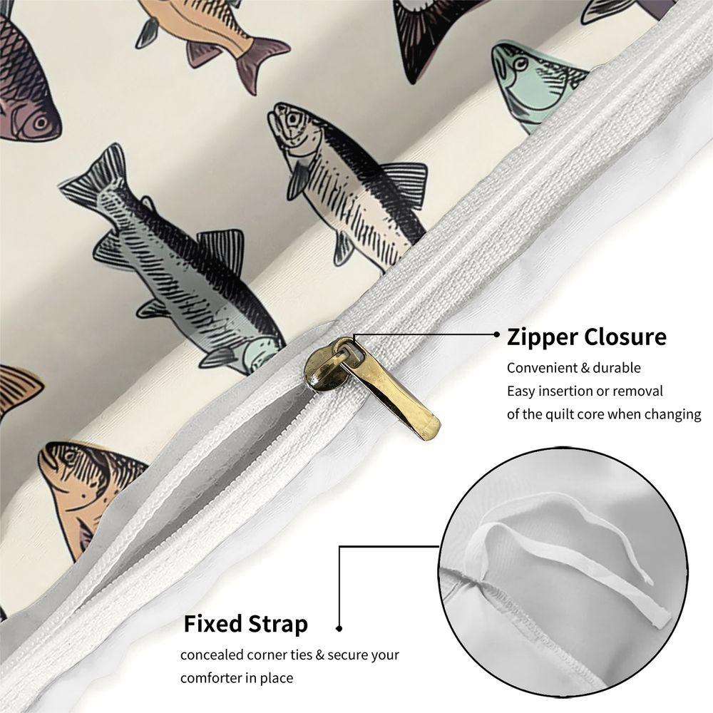 Vintage Fish Print Duvet Cover Set(1 Duvet Cover & 1/2 Pillowcase) Soft Bedding Set For Bedroom Fishing Theme Decor