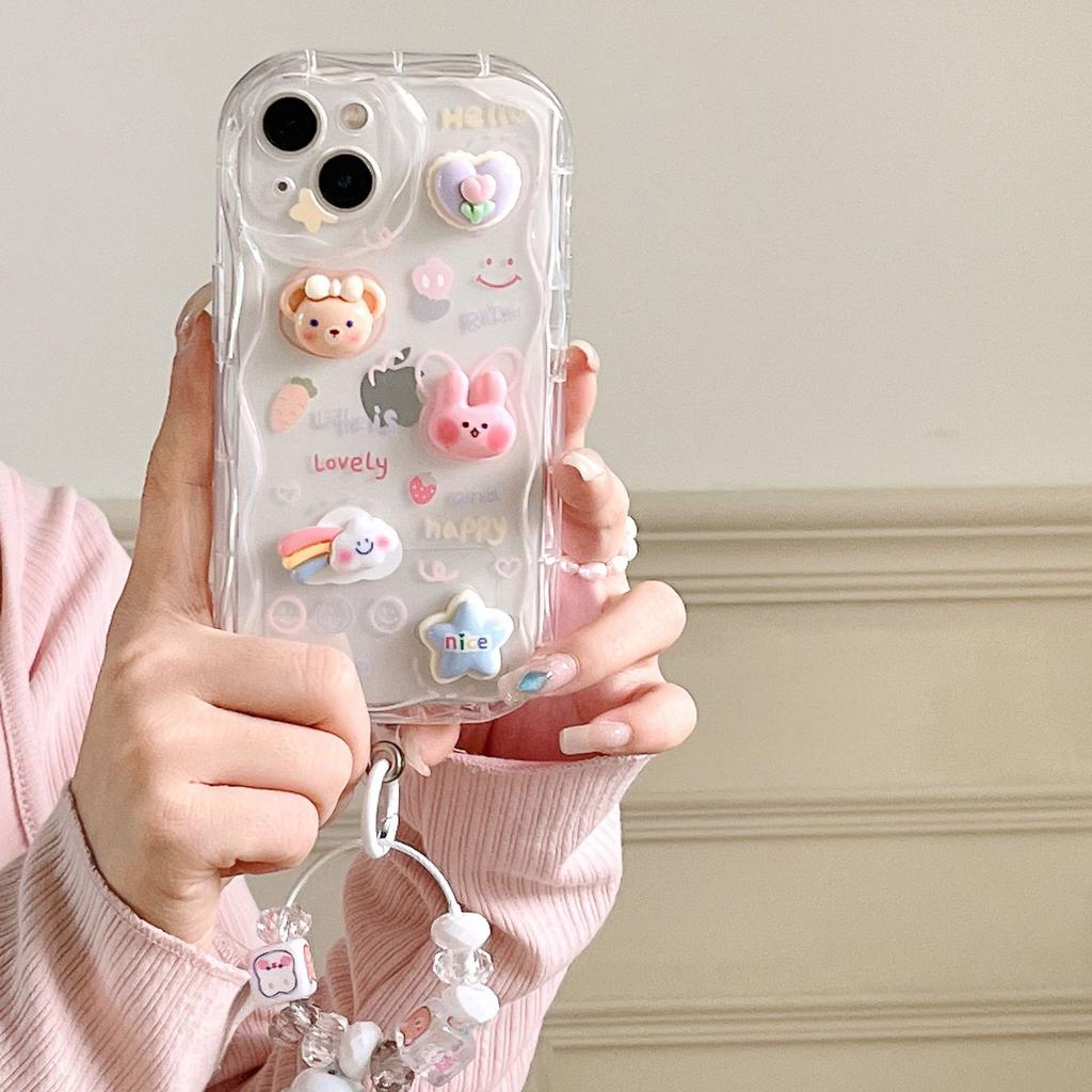 Applicable To IPhone14 Three Dimensional Wavy Rabbit Soft Shell Apple 16 15 Rainbow Ice Cream Bracelet Mobile Phone Case