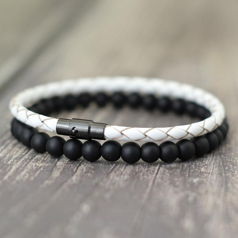 Noter 2Pcs Men Bracelet Set 4mm Genuine Leather Braclet Homme 6mm Black Onyx Stone Beaded Braslet Paired Matching Brazalete Gift