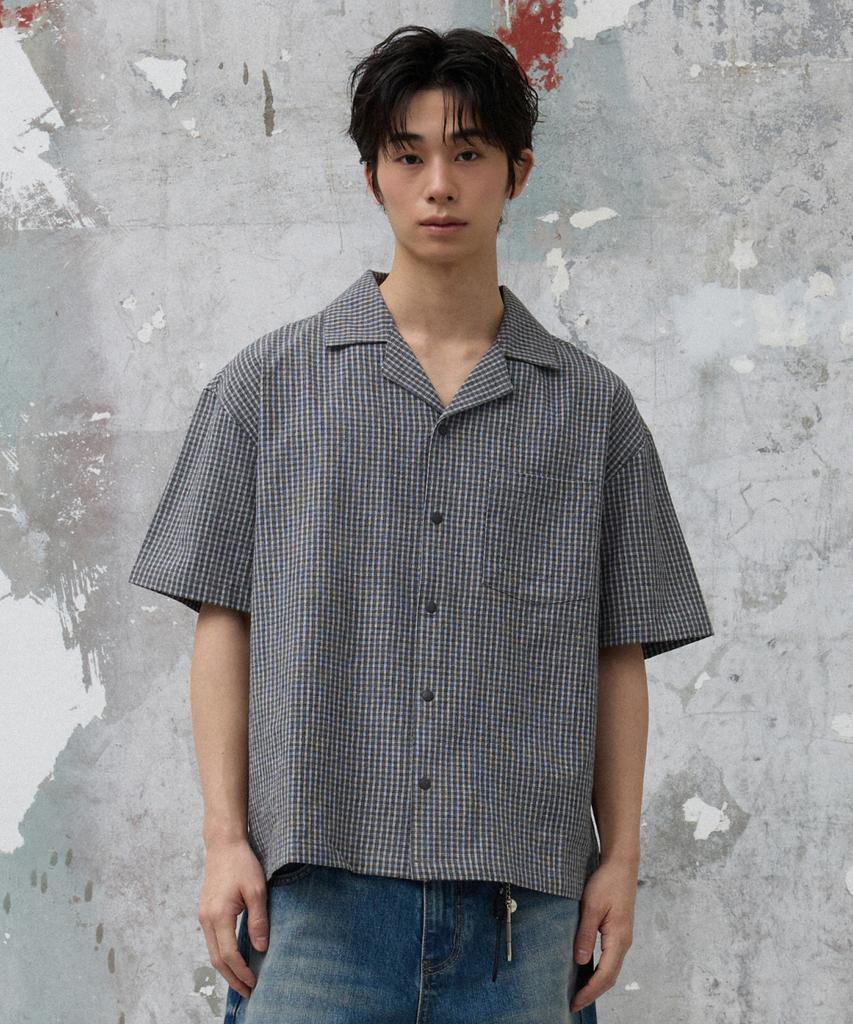 AGOD Open Collar Check Half Shirt [Black]