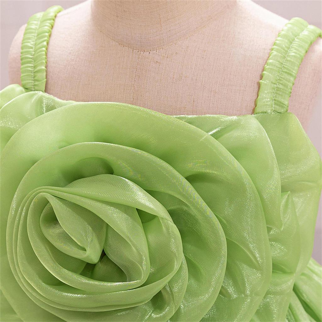 Toddler Princess Dress with 3D Rose Flowers and Shiny Satin Puff Sleeves
