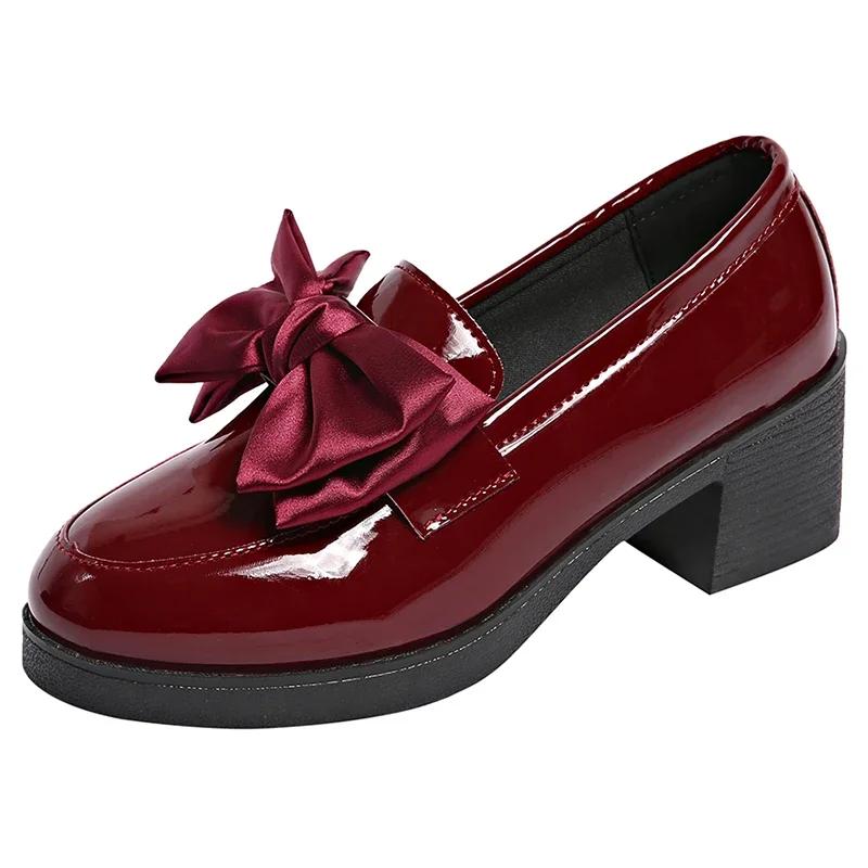 

Мода 2025 Весна Сладкий бантик Туфли-лодочки на квадратном каблуке Женские черные лакированные женские лоферы Платформа Слипоны Туфли на каблуке для женщин 36
