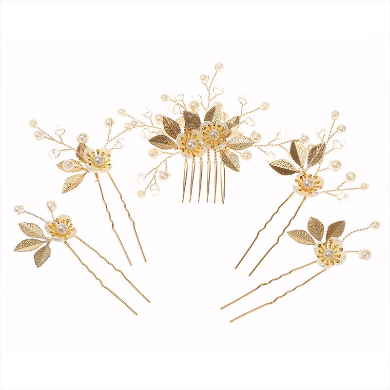 5PC Pearl Floral Ornament Leaf Vintage Gold Retro 5-Pack Exquisite Hair Clips Fairy Hair Forks Elegant