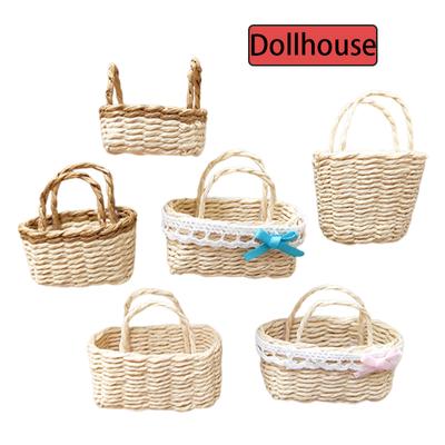 Dollhouse Hand Woven Rattan Basket Shopping Basket Straw Handbags Dollhouse Weaving Bag For Dolls Miniature Decoration