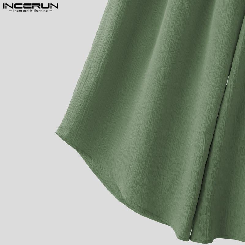 INCERUN  Vintage Men Drawstring Elastic Waist Solid Color Texture Irregular Cropped Loose Pants