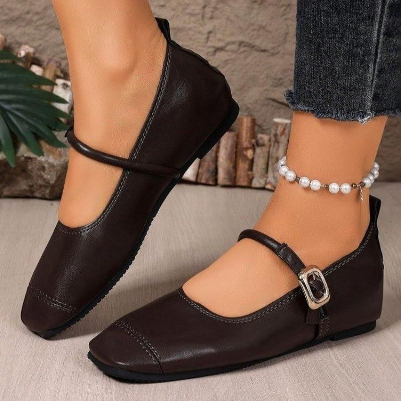 2026 New Fashion Single Shoes Autumn New Square Toe Shallow Mouth Metal Slip Strap Soft Sole Non-slip Wear-resistant Flats