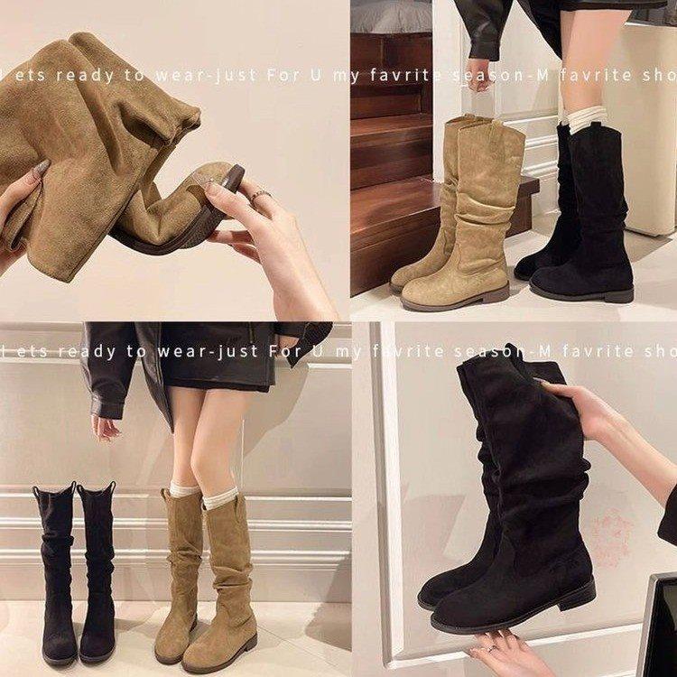 New Stacked Thick Heel Suede Spring and Autumn Cowboy Boots Retro 2025 Long Boots Women's Beauty Western High Boots Pleated Rad