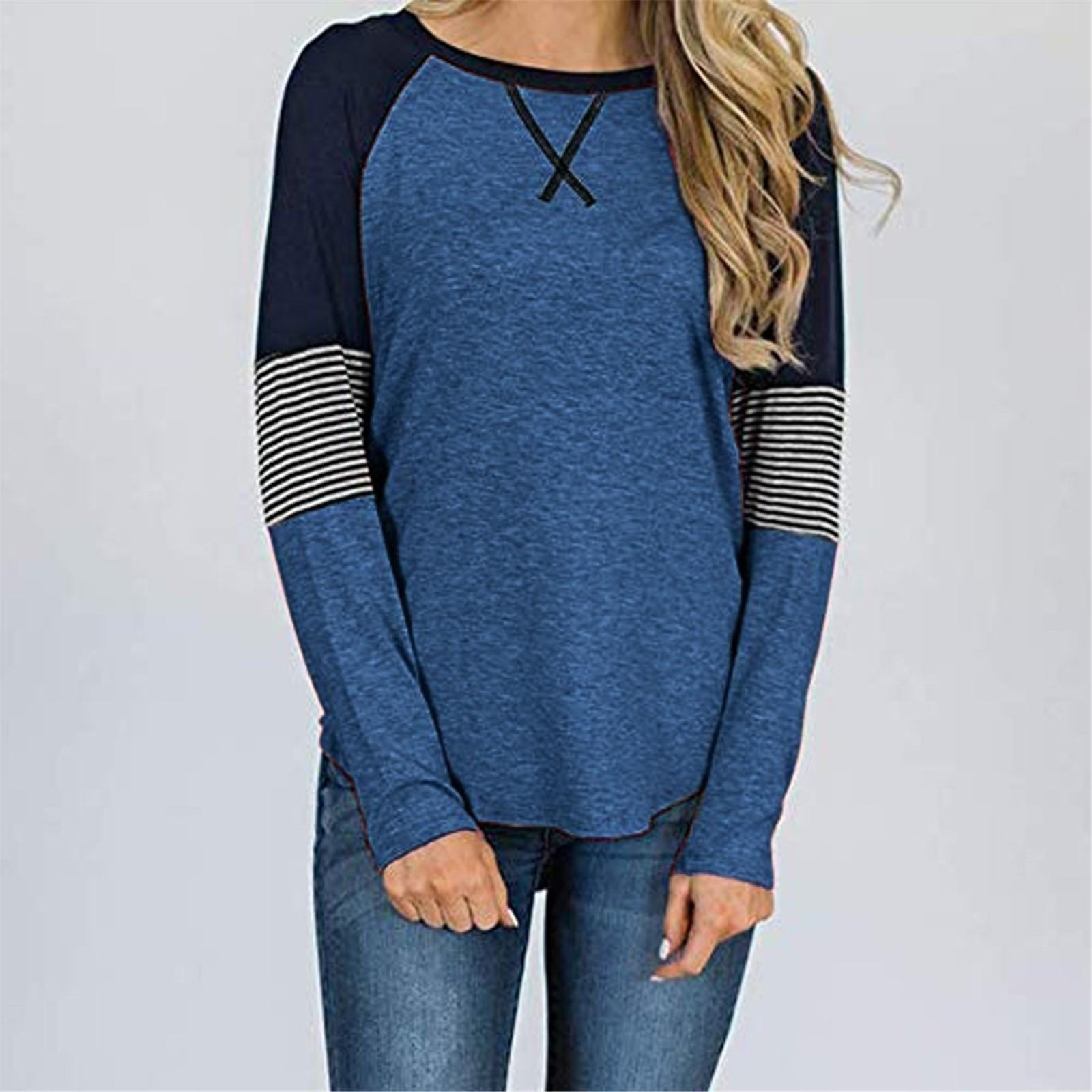 Womens Casual Long Sleeve Round Neck Splicing Stripes Color Blouses Leisure Tops M синий
