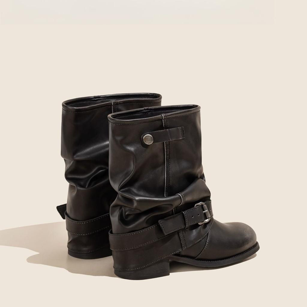 Fashion Round Toe Belt Buckle Mid Calf Shoes Woman New in Waterproof Footwear on Promotion Hot Y2k Rock Offer Half High Boots for Women
