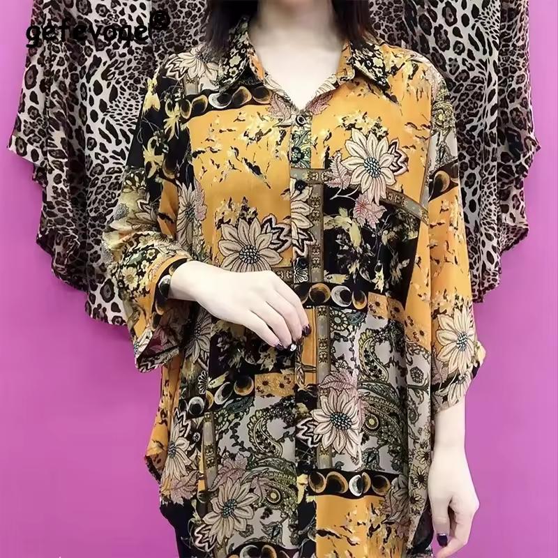 Women's Spring Summer Polo-neck Oversized Printing Long Sleeve Shirt Ladies Loose Casual All-match Buttons Blouse Cardigans Tops