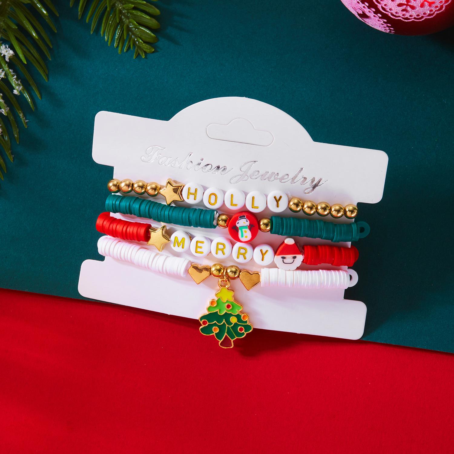 

4Pcs/Set Christmas Tree Santa Claus Bracelet For Women Xmas Deer Snowflake Pearl Polymer Clay Beads Bracelets New Year Jewelry