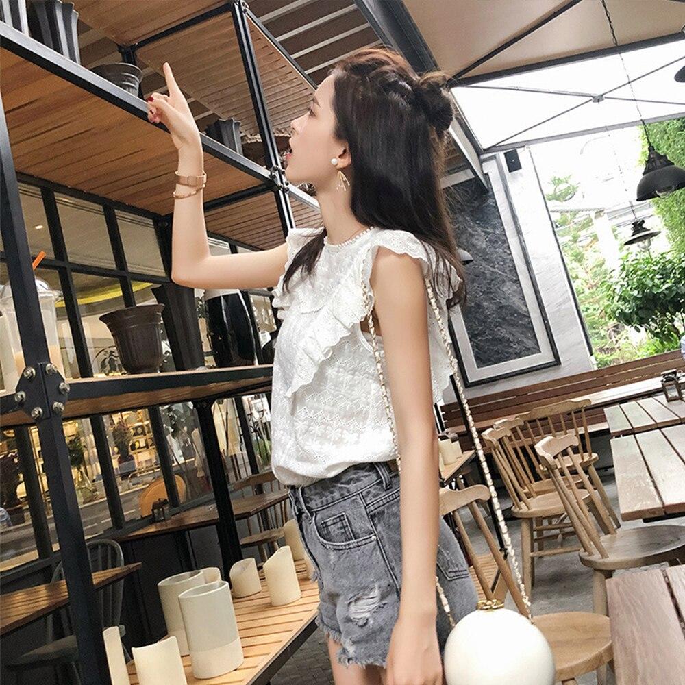 Blusa De Gasa Con Cuello En V De Encaje Para Mujer, Camisa De Verano De Manga Corta Con Volantes, Tops Para El Trabajo, Citas, Compras, Fines De Semana En Casa, Blanco S