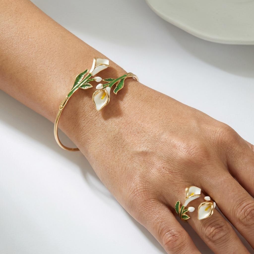 French Vintage Calla Lily Gold Color Bangle Ring Set for Women White Enamel Flower Open Cuff Bracelet Dainty Floral Jewelry Gift