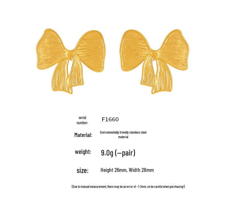 Qiong Yao European Style Bow Stud Earrings, Stainless Steel, Colorfast, Hypoallergenic, Simple Design for Women