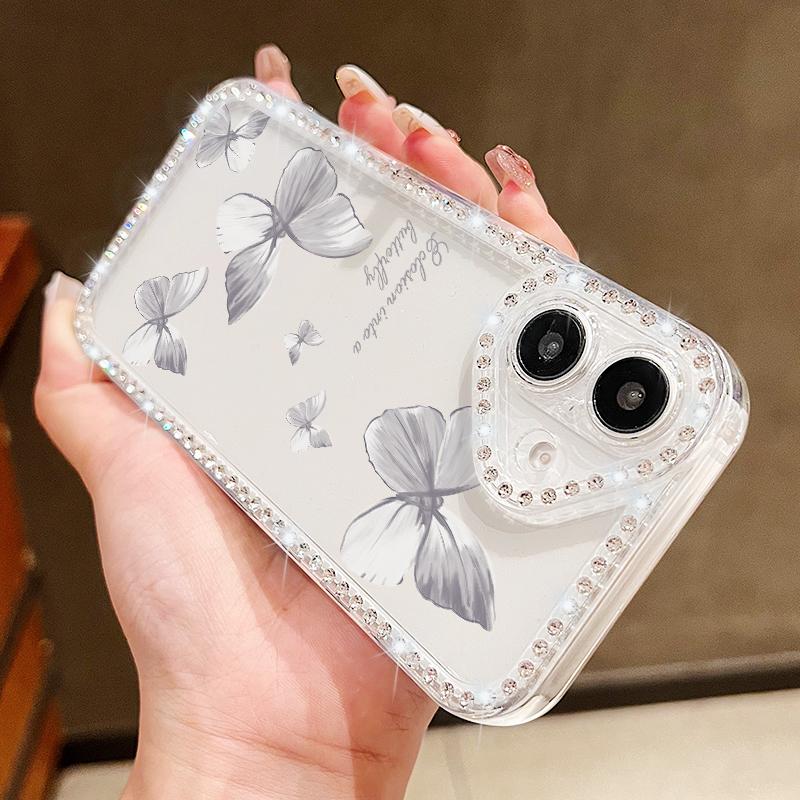 For iPhone 16 Pro 16E 15 Pro Max 14 13 12 11 Phone Case Diamond Frame Butterfly Print Clear Shockproof Soft Silicone Anti-Fall Bumper Cover