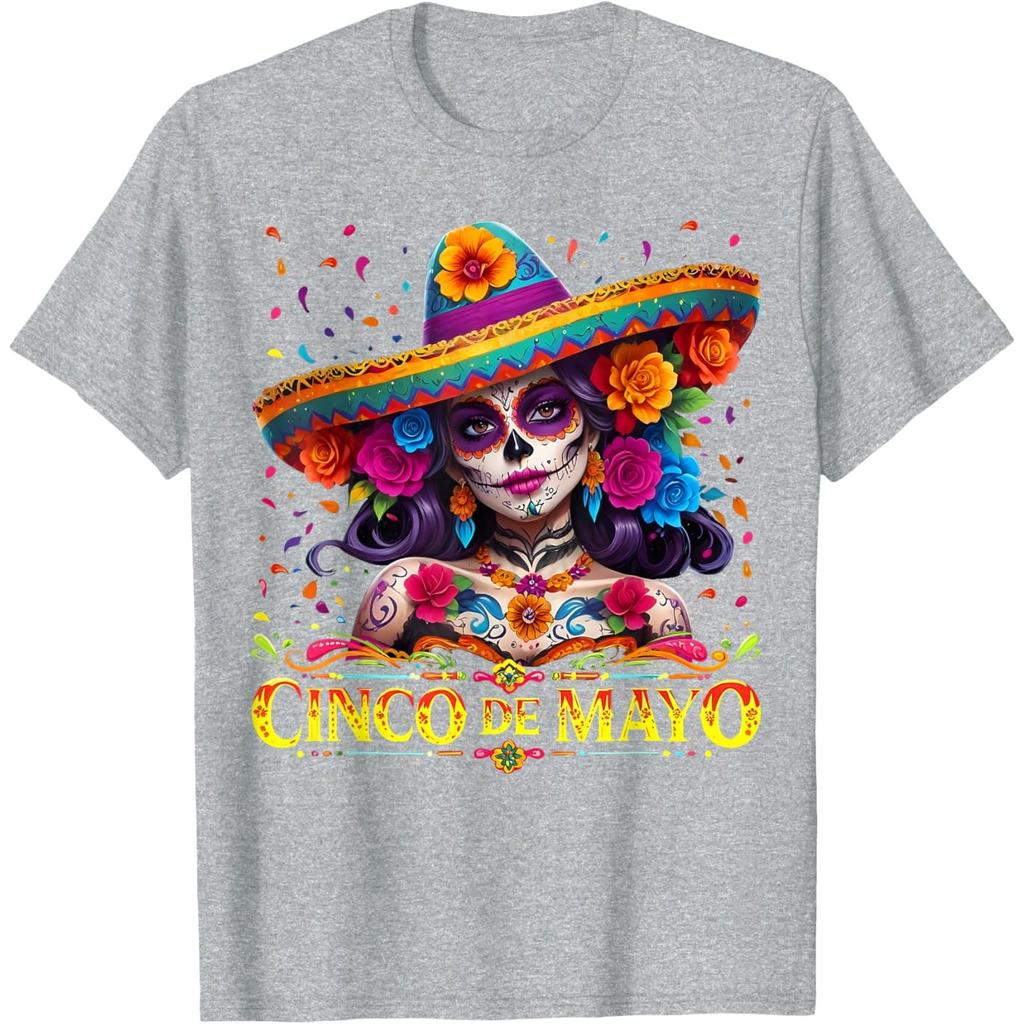 Cinco De Mayo Sugar Skull Women Sombrero Graphic T-Shirt Casual Cotton Tee
