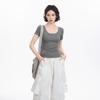 2025 Women's Gray U-Neck Slim Fit T-Shirt: Short-Sleeved, Waist-Cinching, Flattering, with Wide Neckline for Summer.