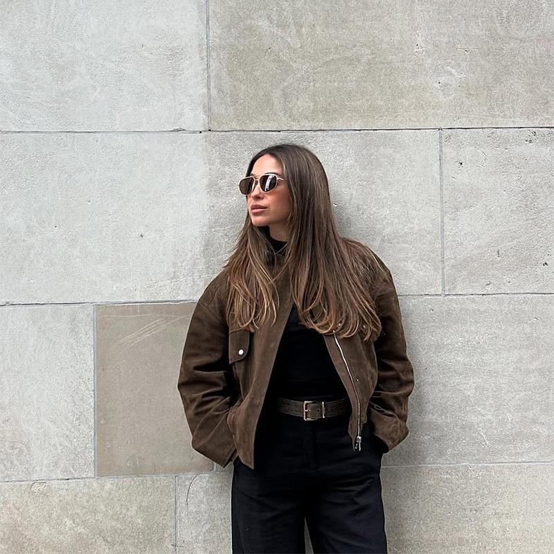 

Винтажная женская замшевая куртка-бомбер, модная лацкан, застежка-молния, рукав полной длины, женские пальто, весна, элегантный повседневный уличный стиль S коричневый