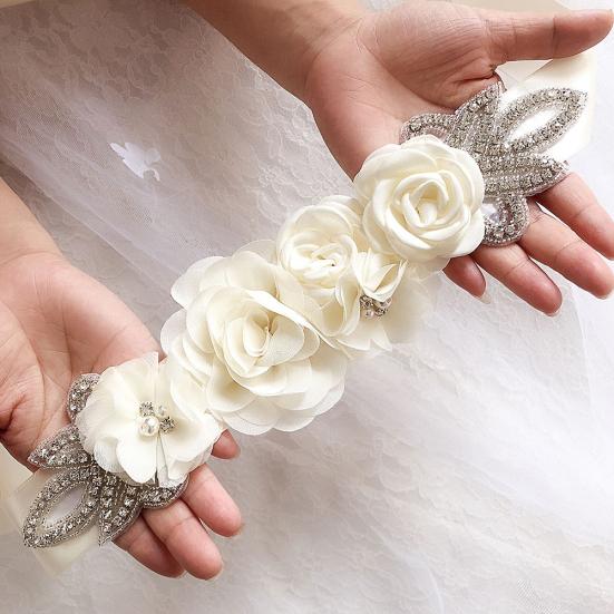 Rose Flower Faux Pearl Rhinestone Women Bride Dress Belt Girdle Waist Band Decor