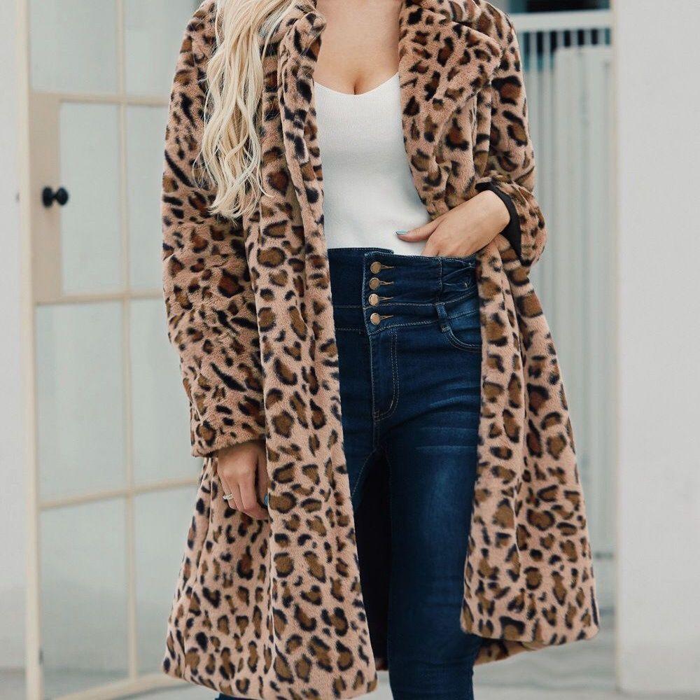New leopard print imitation fur coat medium and long coat plush trench coat suit collar