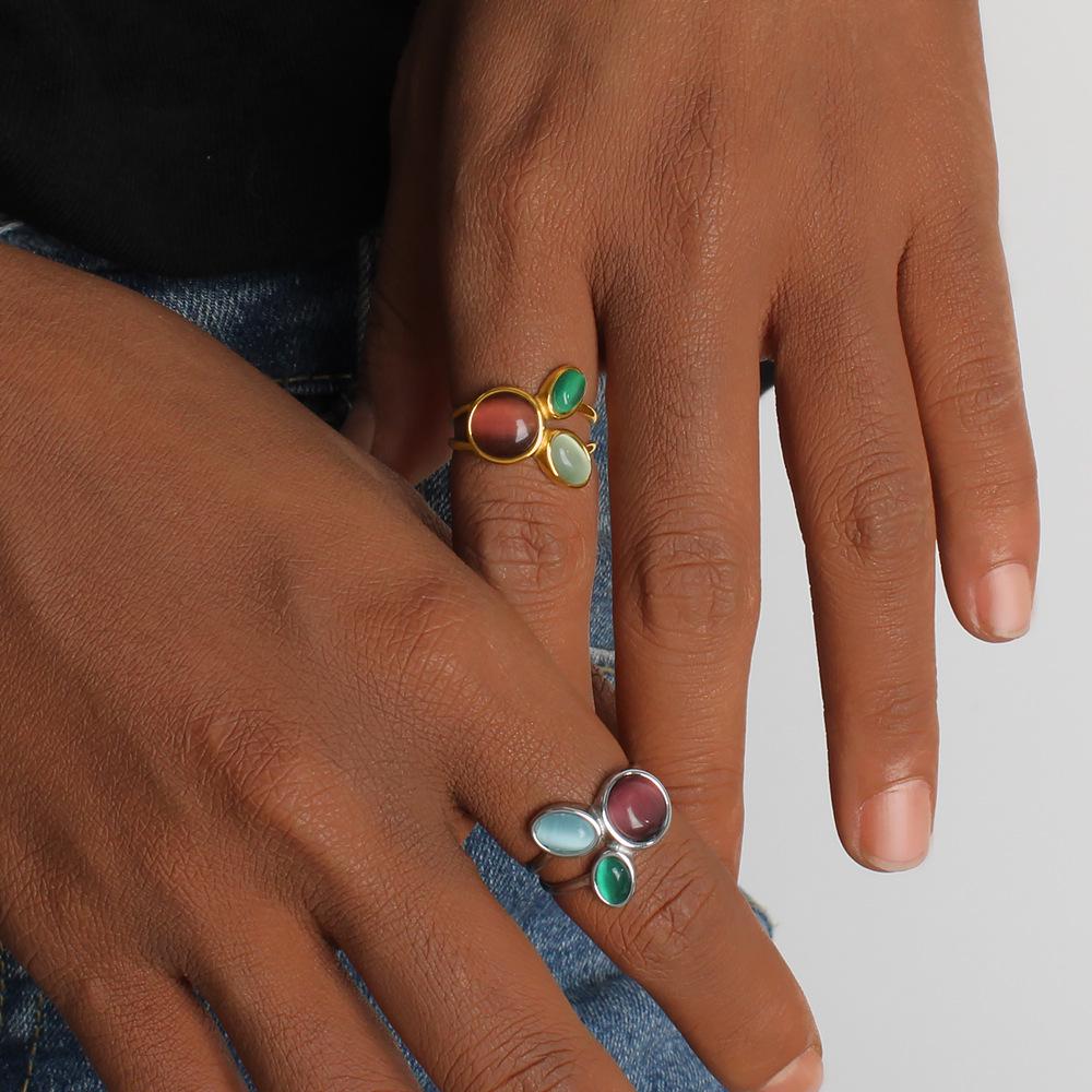 18K Gold Plated Stainless Steel Open Ring with Natural Stone