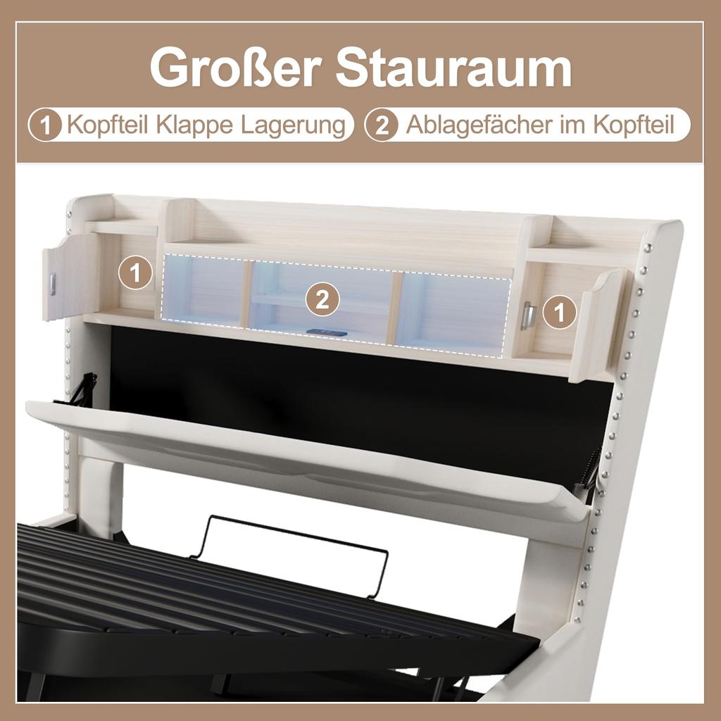 Upholstered Bed 140x200 Hydraulic Storage LED Headboard USB-A&USB-C Charging Function Remote Control Slatted Frame Beige Without Mattress