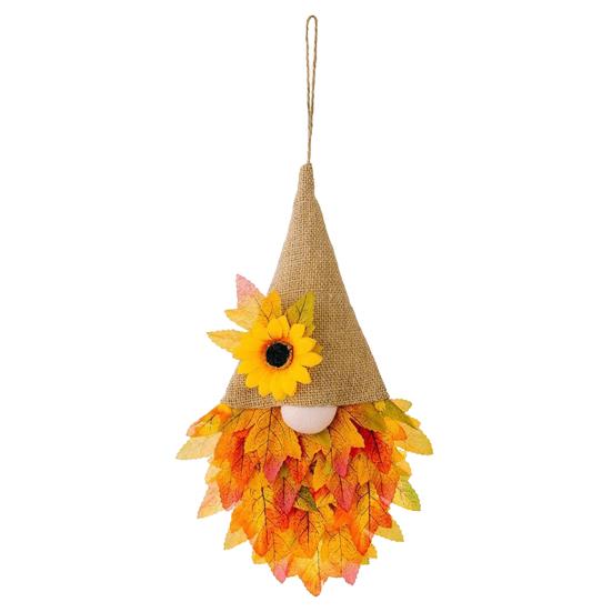 Thanksgiving Maple Leaf Gnome Wreath with String Light Indoor Outdoor Front Door Wall Hanging