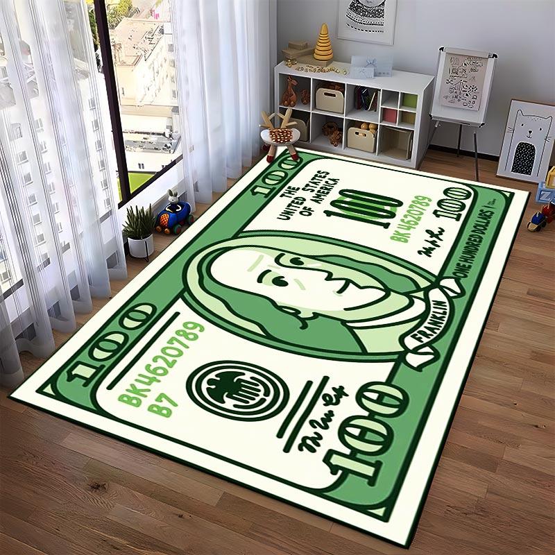 Green Dollar Bill Pattern Carpet with Benjamin Franklin Design Print Suitable for Use As an Anti-slip for Living Room Bedroom Sofas