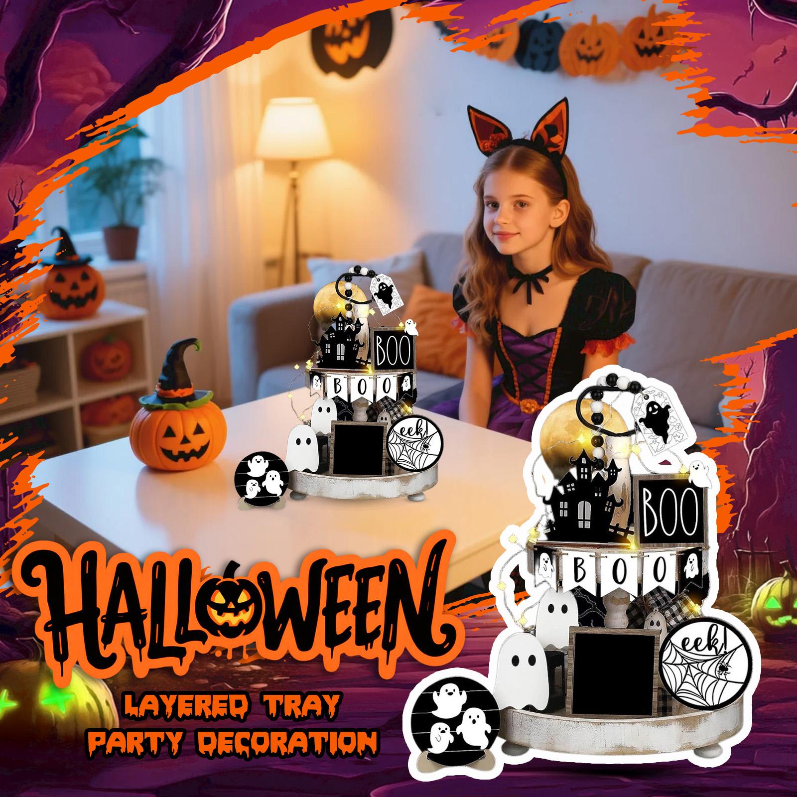 

Набор декора для многоярусной подставки на Хэллоуин Милые украшения для подноса Деревянные таблички на Хэллоуин Деревенский декор для дома стола принадлежности для вечеринки One Size