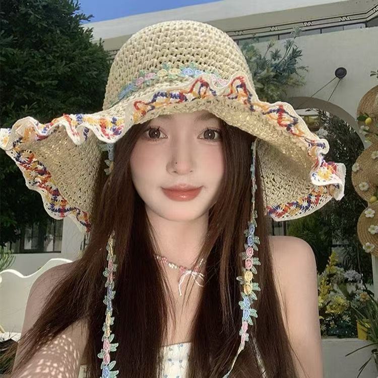 Big Brim Straw Hat Women's Summer Seaside Beach Vacation Ethnic Style Straw Bucket Hat Sunshade Sun Hat