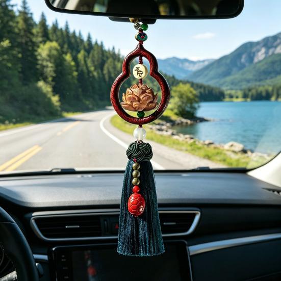 Čínská šťastná závěsná ozdoba do auta Dřevěný přívěsek tykev s třásní Tradiční Feng Shui přívěsek do auta pro příslušenství zpětného zrcátka