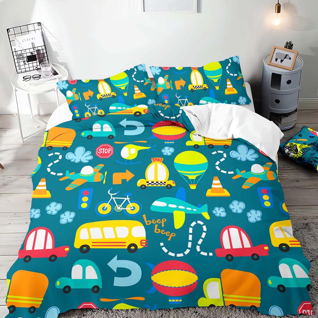 Cartoon Car Anime Bedding Set Duvet CoverPolyester Suitable For Children And Adults 3-Piece Set