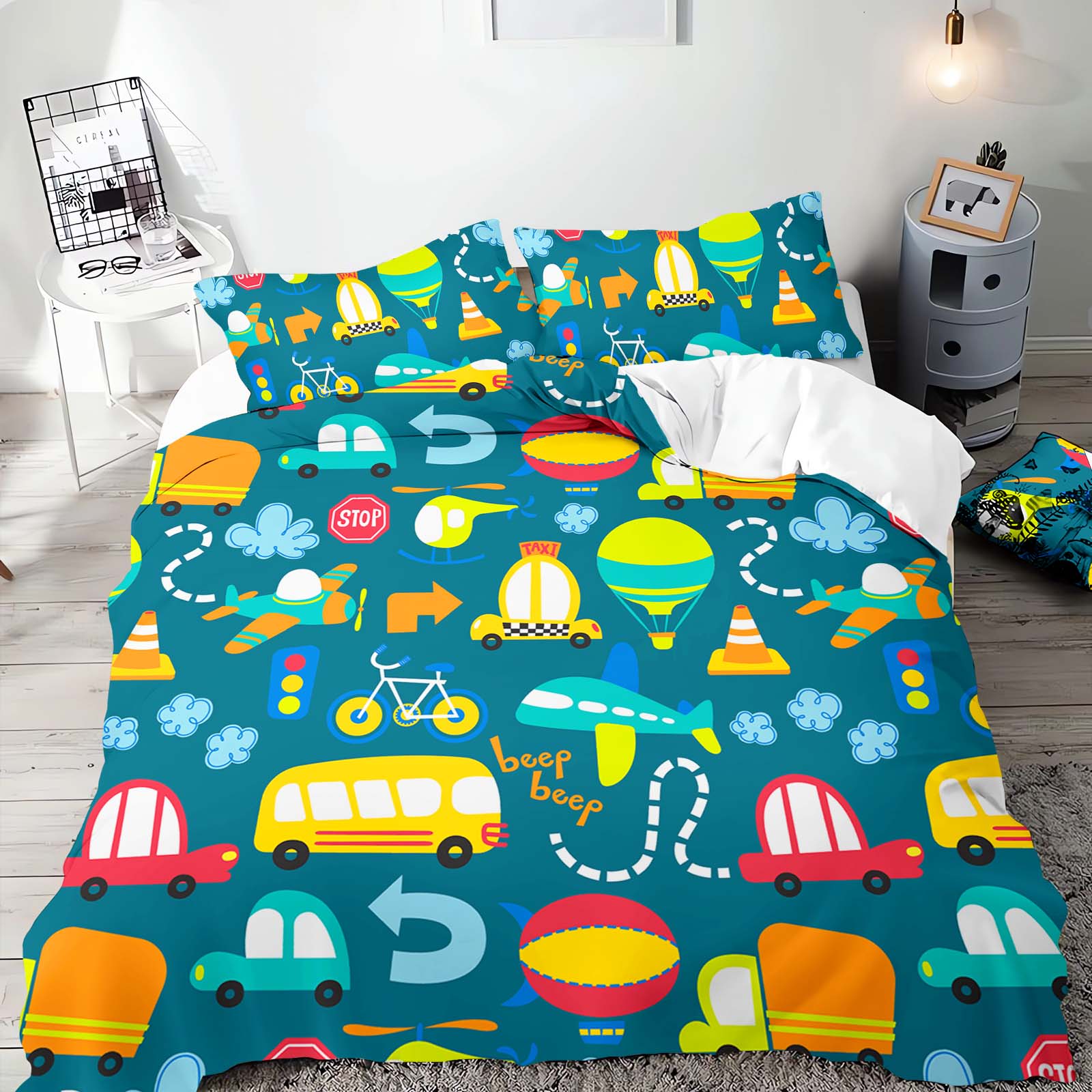 

Cartoon Car Anime Bedding Set Duvet CoverPolyester Suitable For Children And Adults 3-Piece Set EU Single(135*200cm)3pcs