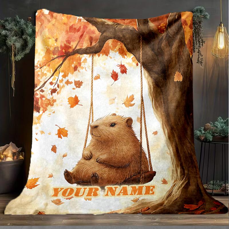 1PC Custom Name Autumnal Quokka outdooor Flannel blankets Patterns Throw Blanket All-Season Soft Gift for Couch, Bed, Camping gifts