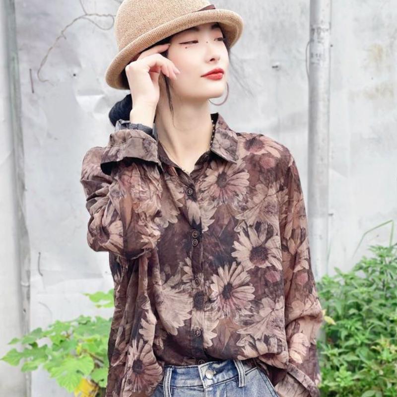 

Весенне-осенняя тонкая женская рубашка-кардиган с длинным рукавом и принтом, модная свободная тонкая легкая роскошная рубашка в западном стиле 5XL коричневый