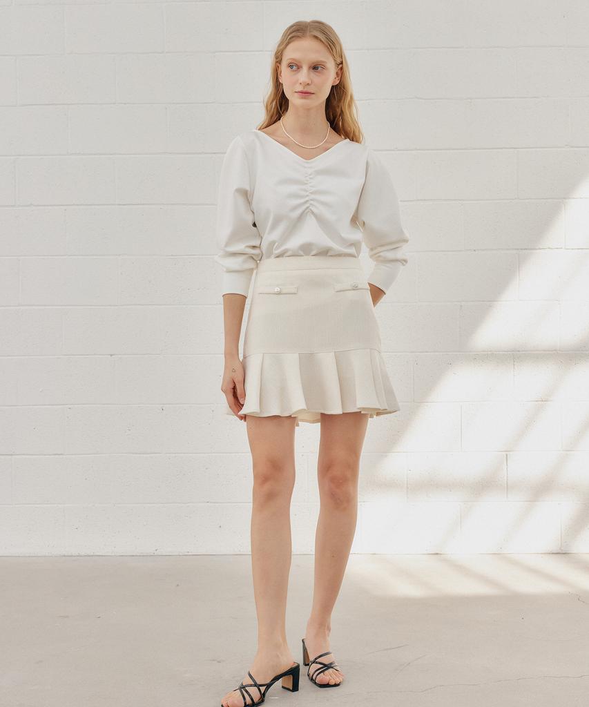 Yeoppe Tweed Shirring Skirt_Ivory