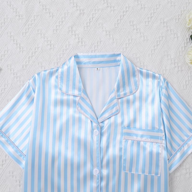 Women's Pinstripe Satin Pajama Set: Short Sleeve Cardigan & Elastic Waistband Shorts